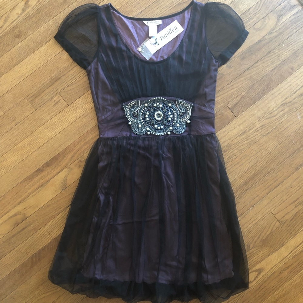 Papillon Los Angeles Purple/Black Mesh Overlay Beaded Waist Short Sleeve Dress M